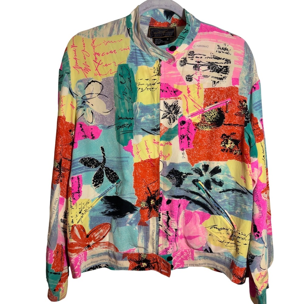 Vintage Diane Gilman Silk Mixed Media Abstract Floral Bomber‎ Jacket Size M